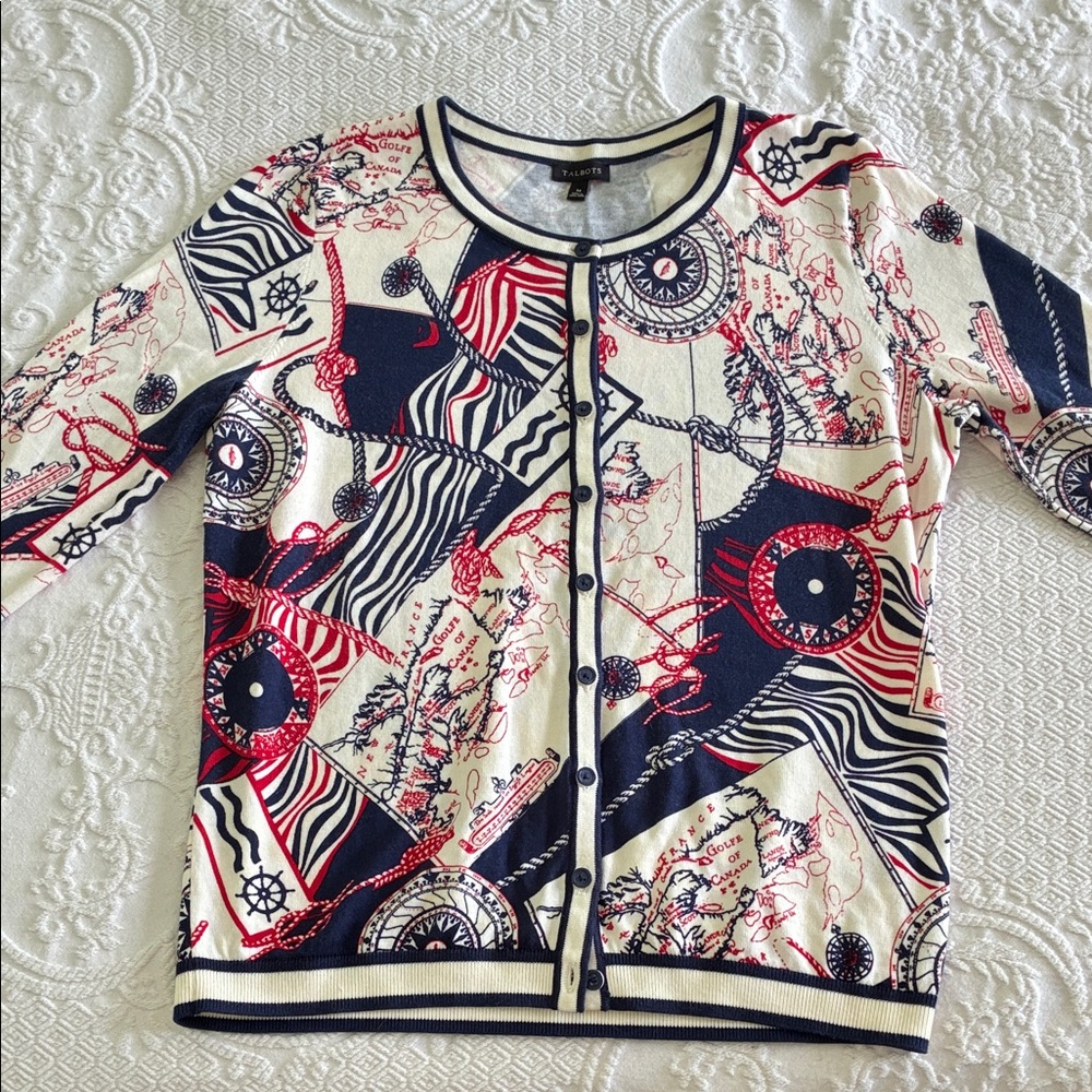 Talbots Nautical print cardigan M